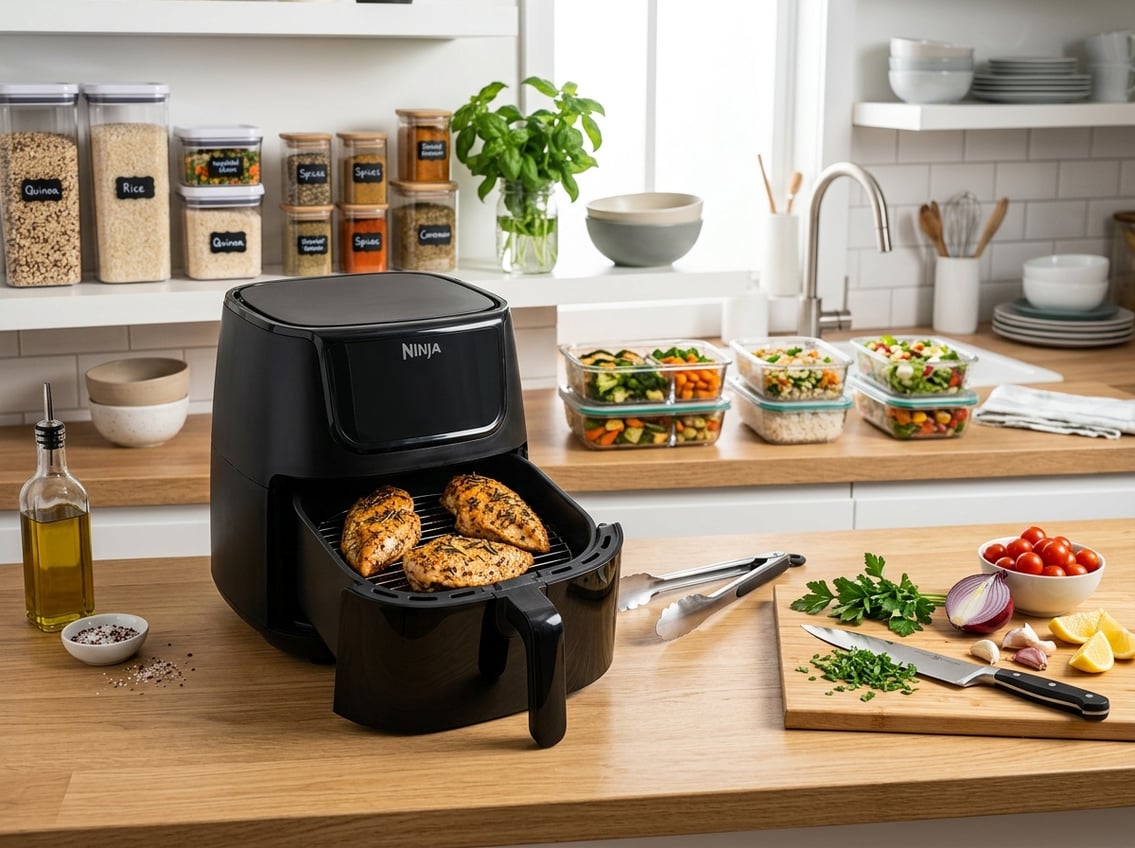 A modern kitchen countertop with an open air fryer containing cooked chicken breasts, fresh ingredients, and meal prep items nearby.