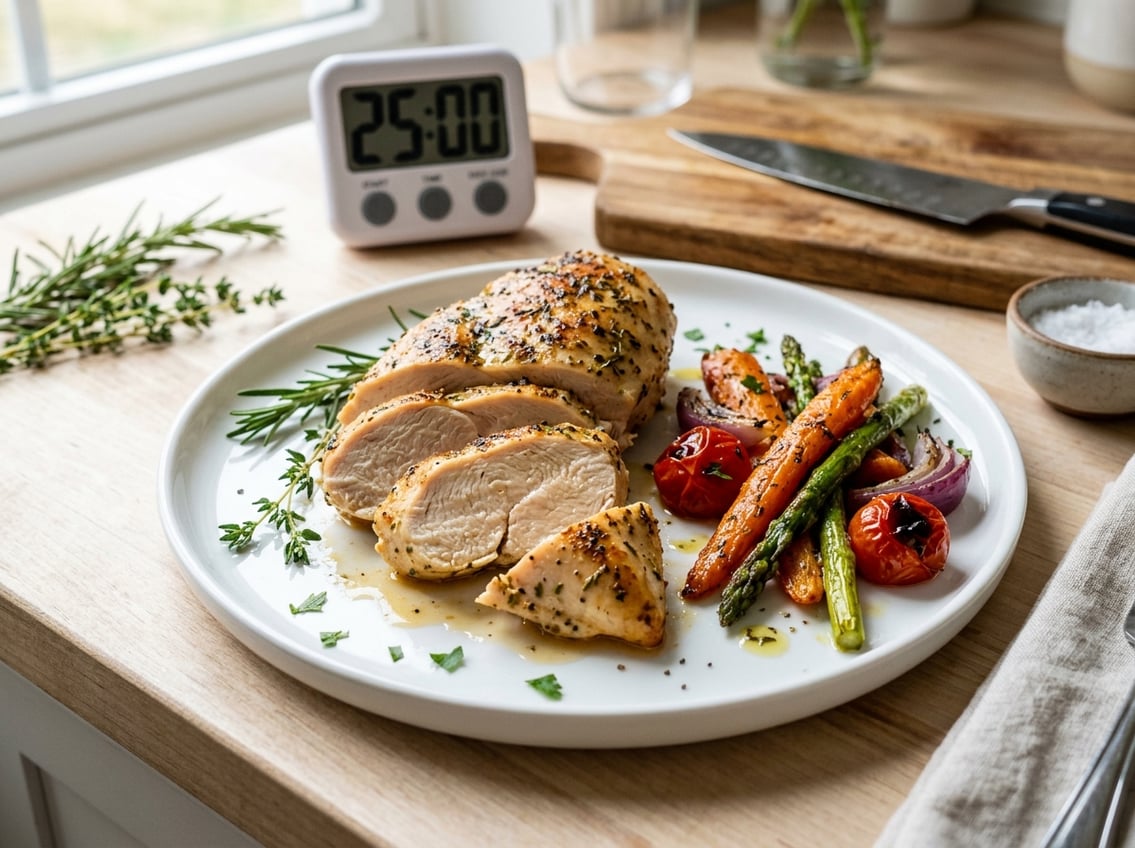 A sliced, juicy chicken breast on a white plate with roasted vegetables and fresh herbs on a kitchen countertop.