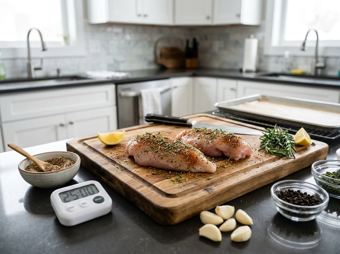A kitchen countertop with raw seasoned chicken breasts on a cutting board surrounded by herbs, spices, and fresh ingredients.