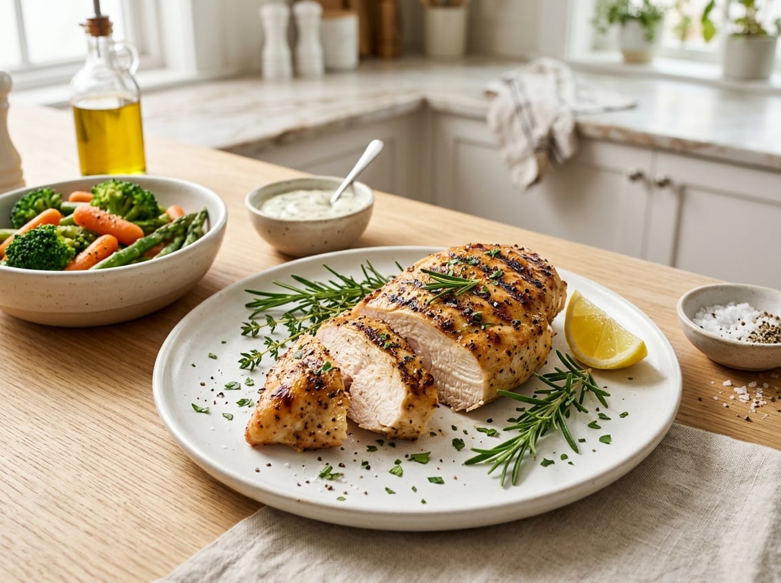 A plated cooked chicken breast sliced to show the inside, garnished with herbs and accompanied by vegetables and lemon wedges on a kitchen countertop.