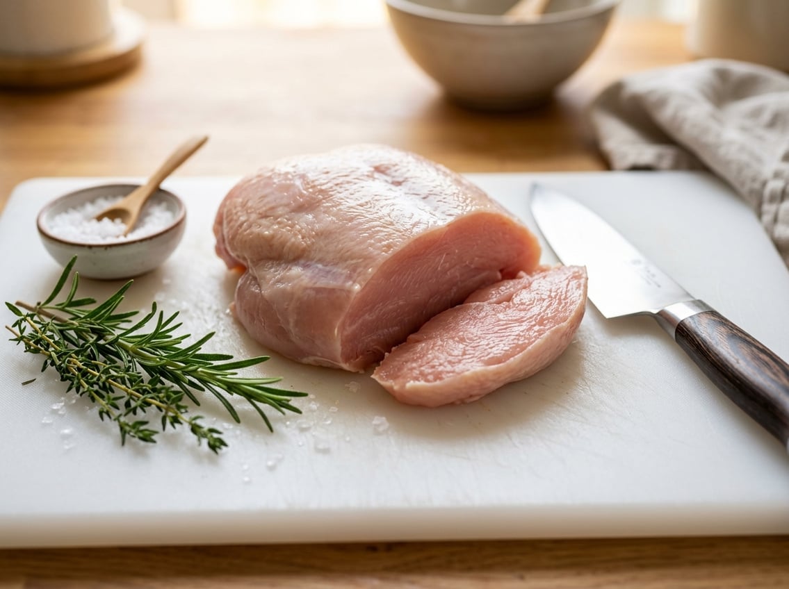 A raw chicken breast on a white cutting board with fresh herbs and a knife nearby.
