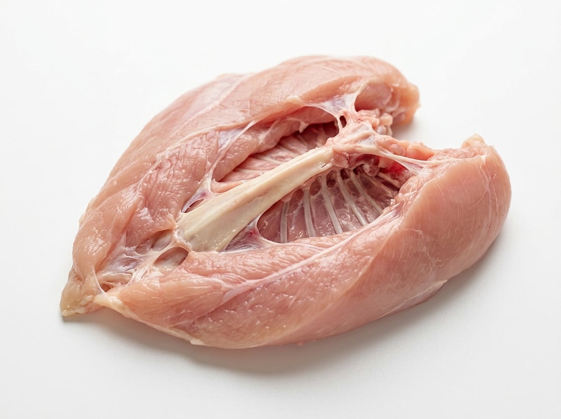 A raw chicken breast cut open to show the internal bones and anatomy inside the meat on a white background.
