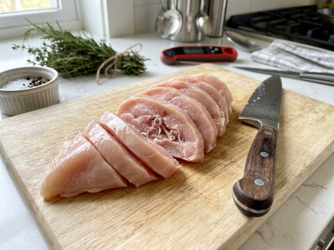 Close-up of a partially sliced raw chicken breast on a cutting board showing small bones inside, with a knife and kitchen tools in the background.