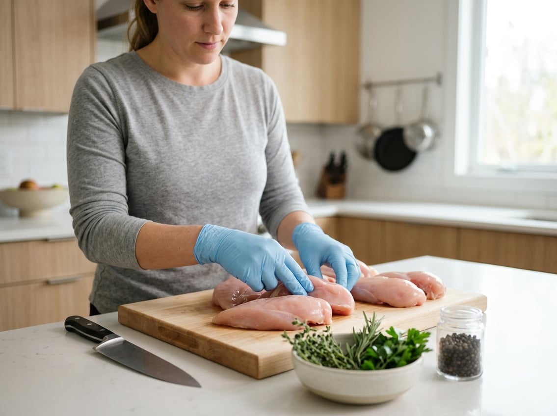 Person inspecting raw chicken breasts on a kitchen countertop with gloves and kitchen tools nearby.