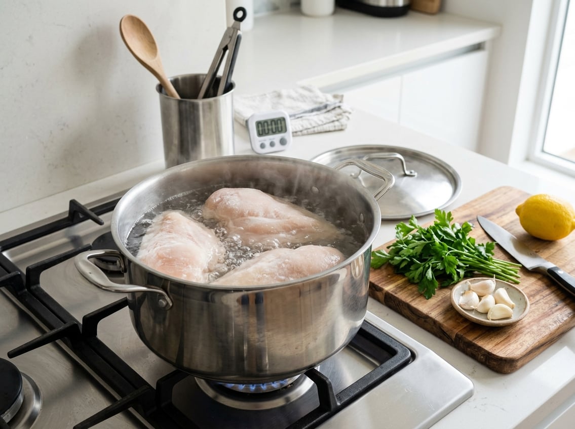 A pot on a stove with frozen chicken breasts boiling in water, surrounded by fresh ingredients and kitchen utensils.