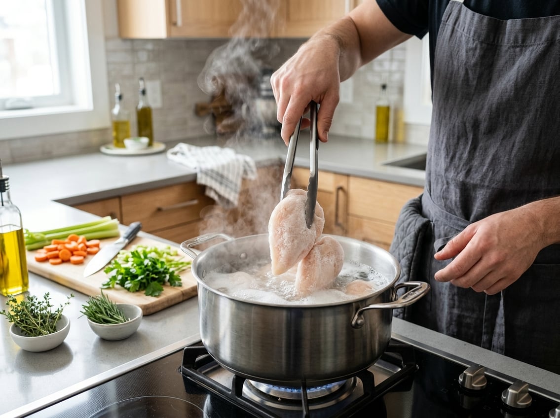 Hands placing frozen chicken breasts into a pot of boiling water on a stove in a bright kitchen.