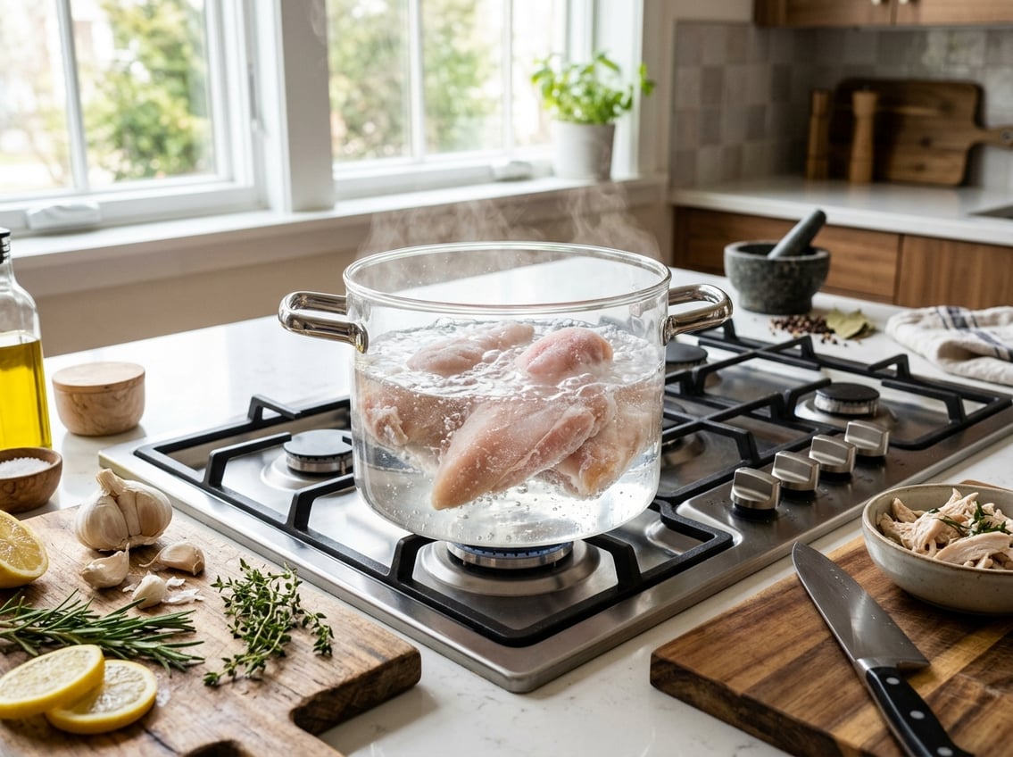 A kitchen scene with a glass pot on the stove boiling frozen chicken breasts, surrounded by fresh herbs, garlic, and lemon slices.