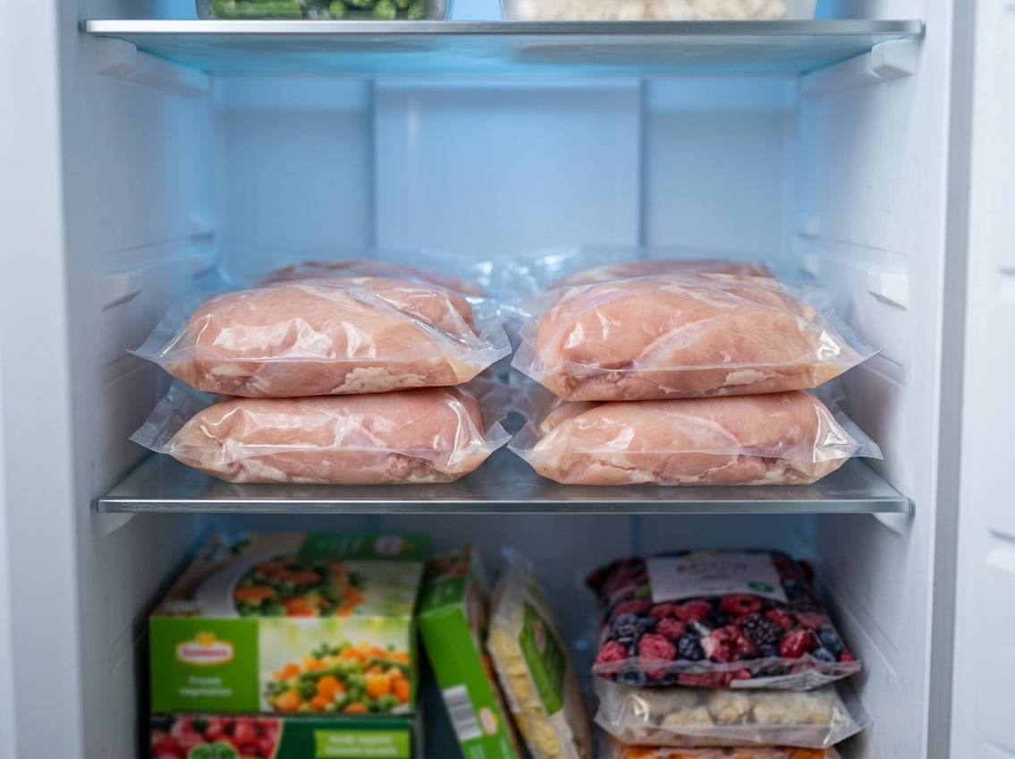 Neatly packaged raw chicken breasts inside a clean, organized freezer.
