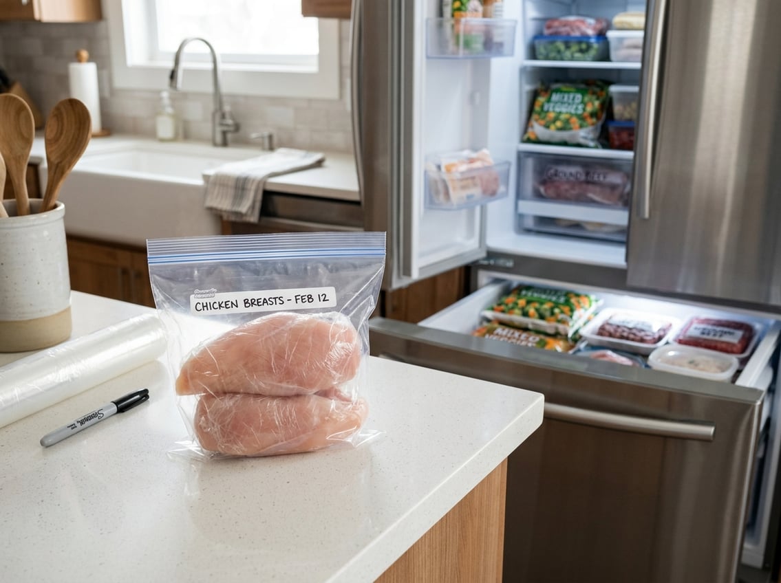 Raw chicken breasts wrapped in plastic and stored in a freezer-safe bag on a kitchen countertop near an open freezer drawer.