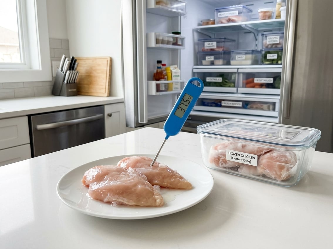 Raw chicken breasts on a plate with a food thermometer on a kitchen counter near a refrigerator with frozen chicken inside.