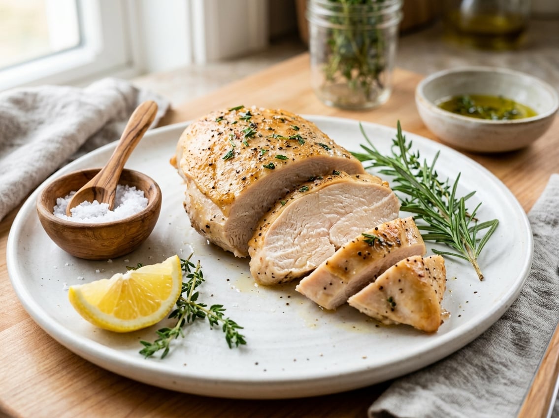 Close-up of a sliced, tender chicken breast on a plate with fresh herbs, lemon wedge, and sea salt on a kitchen countertop.