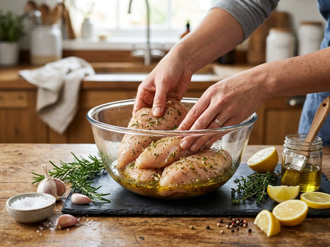 Hands coating raw chicken breasts with marinade in a glass bowl on a kitchen countertop surrounded by fresh herbs and lemon slices.