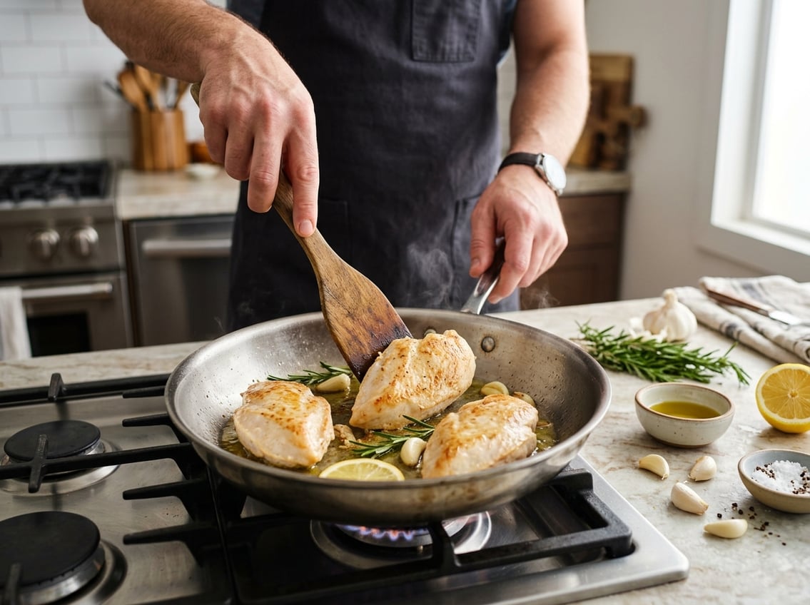 Close-up of a chef gently cooking chicken breasts in a skillet with fresh ingredients on the countertop.