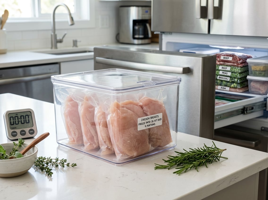 A kitchen countertop with vacuum-sealed chicken breasts in a freezer container, fresh herbs nearby, and a digital timer, next to an open freezer drawer with organized frozen food.
