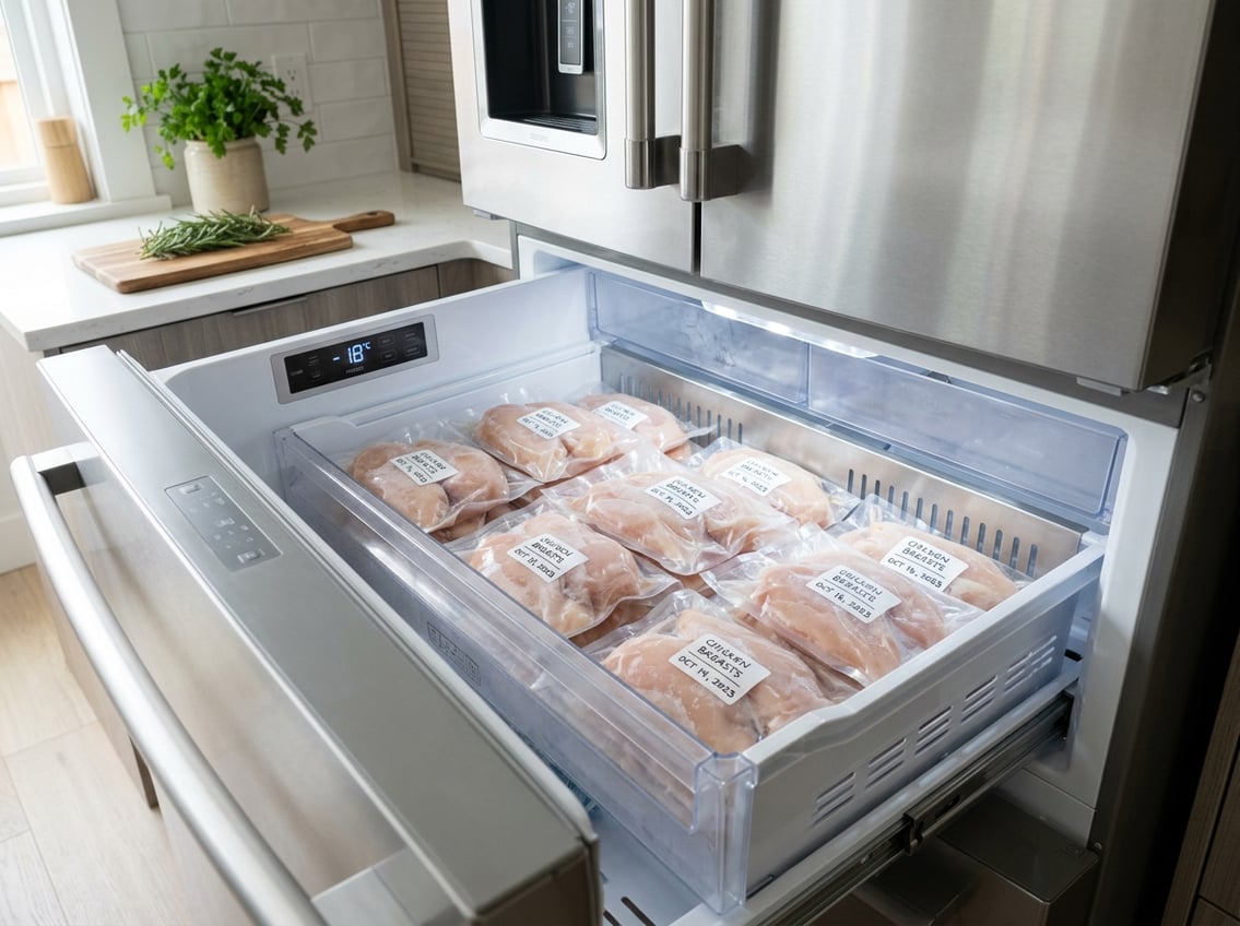 Open freezer drawer with neatly wrapped raw chicken breasts inside, showing organized food storage in a modern kitchen.