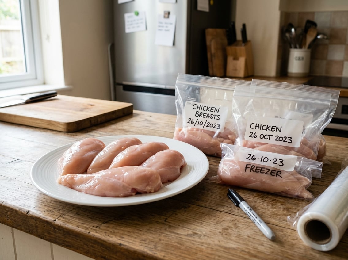Raw chicken breasts on a white plate next to labeled freezer bags on a wooden kitchen countertop.