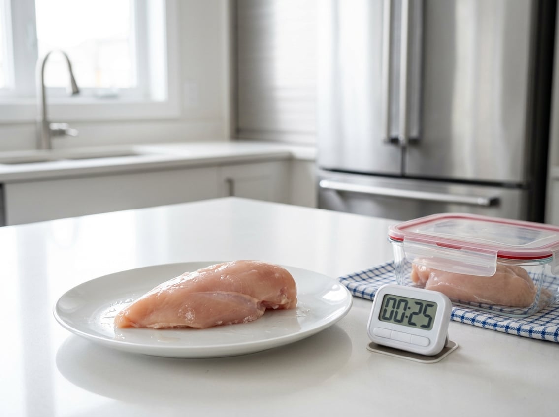 Raw chicken breast on a white plate on a kitchen countertop with a digital timer and a food storage container nearby, with a refrigerator and freezer in the background.