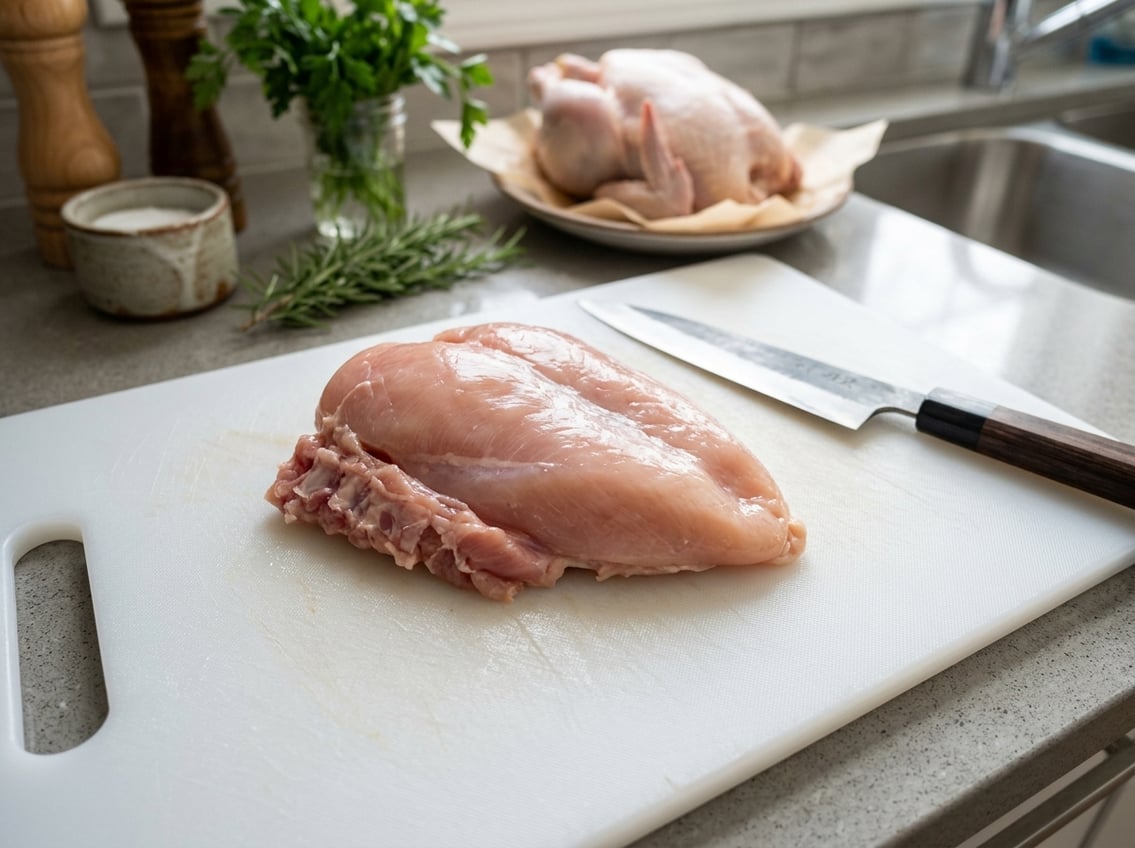 Close-up of a raw chicken breast with attached rib meat on a cutting board, with a knife and blurred whole chicken in the background.