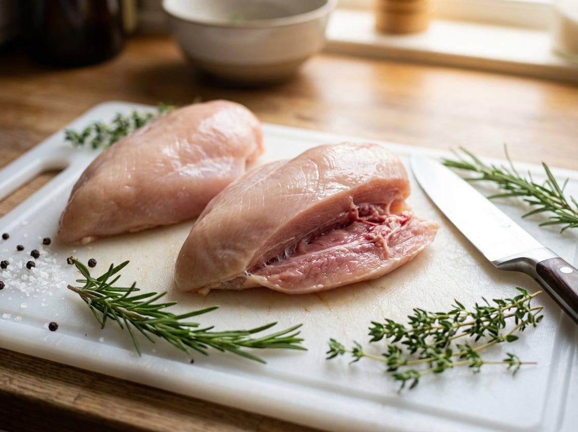 Close-up of raw chicken breasts on a cutting board, one showing attached rib meat, with herbs and a kitchen knife nearby.