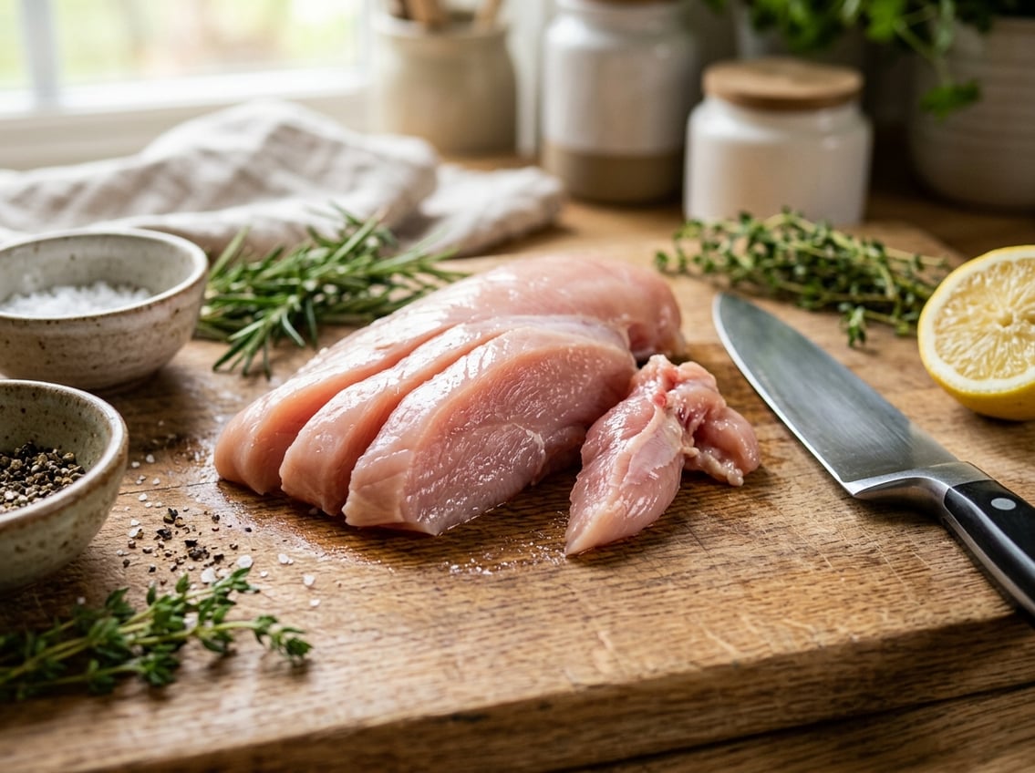 Close-up of raw chicken breast partially sliced on a cutting board with fresh herbs and a kitchen knife nearby.