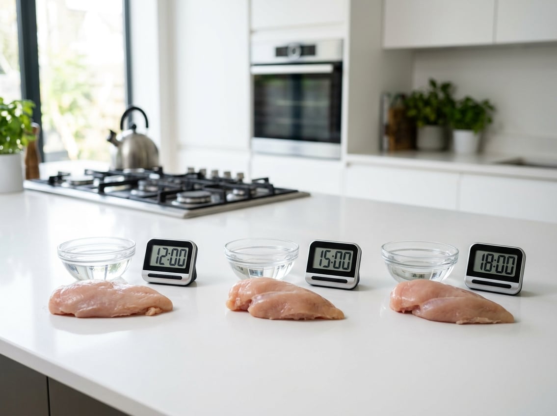 Three raw chicken breasts on a kitchen countertop with glass bowls of water and kitchen timers showing different cook times, set in a modern kitchen.