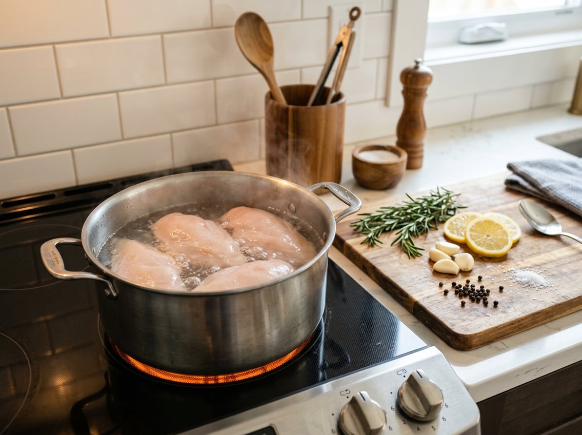A kitchen scene showing chicken breasts boiling in a pot with fresh herbs and lemon slices nearby.