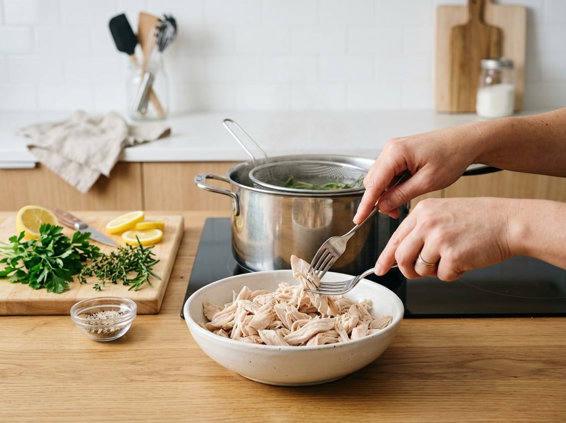 Hands shredding cooked chicken breast over a bowl in a kitchen with a pot of boiling water and fresh ingredients nearby.