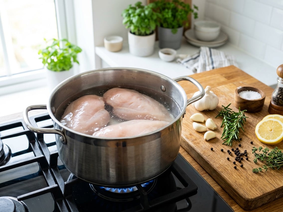 A pot of water with raw chicken breasts boiling on a stovetop surrounded by fresh herbs and lemon slices in a bright kitchen.