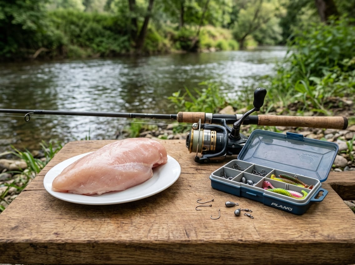 Fresh chicken breast on a wooden cutting board next to fishing gear by a riverbank.