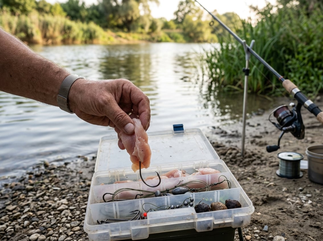 A fisherman's hand holding a piece of raw chicken breast near a tackle box with fishing gear by a calm riverbank.