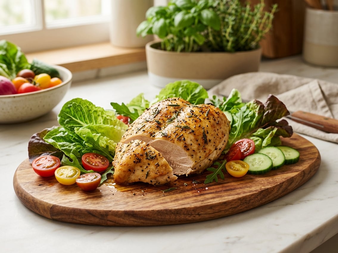 A cooked chicken breast portion on a wooden cutting board surrounded by fresh vegetables on a kitchen counter.