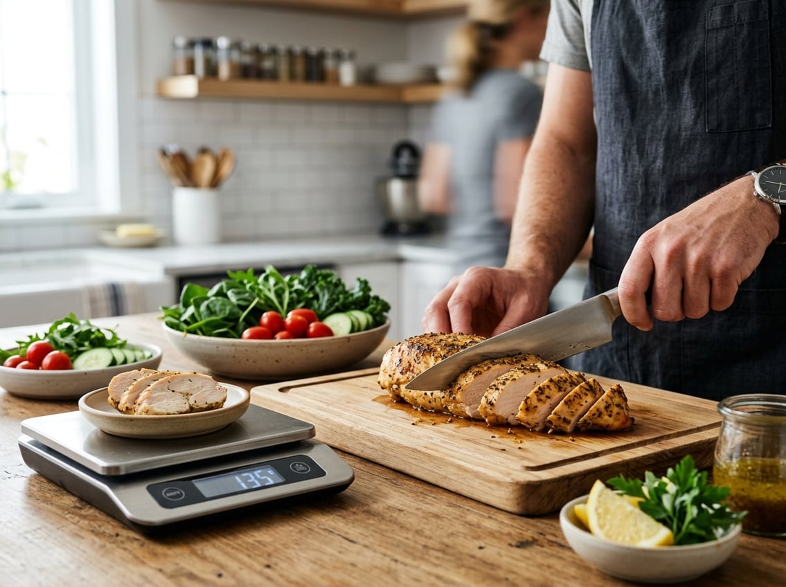 A person slicing a cooked chicken breast on a cutting board next to a digital kitchen scale with fresh vegetables nearby.