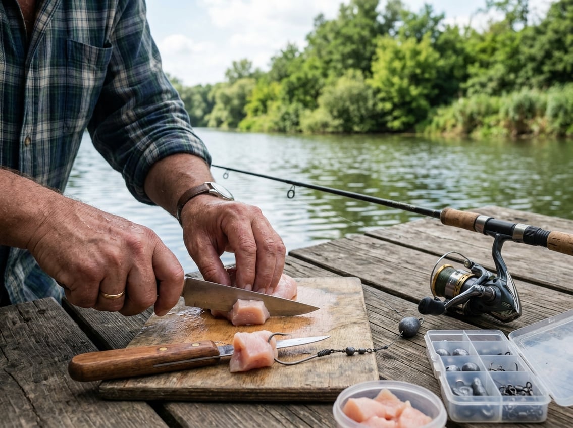 A person preparing chicken breast pieces as bait for catfish fishing on a wooden dock by a river.