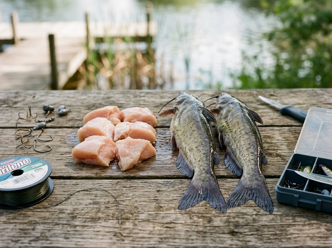 Close-up of raw chicken breast pieces and a whole catfish on a wooden surface with fishing hooks and tackle nearby.