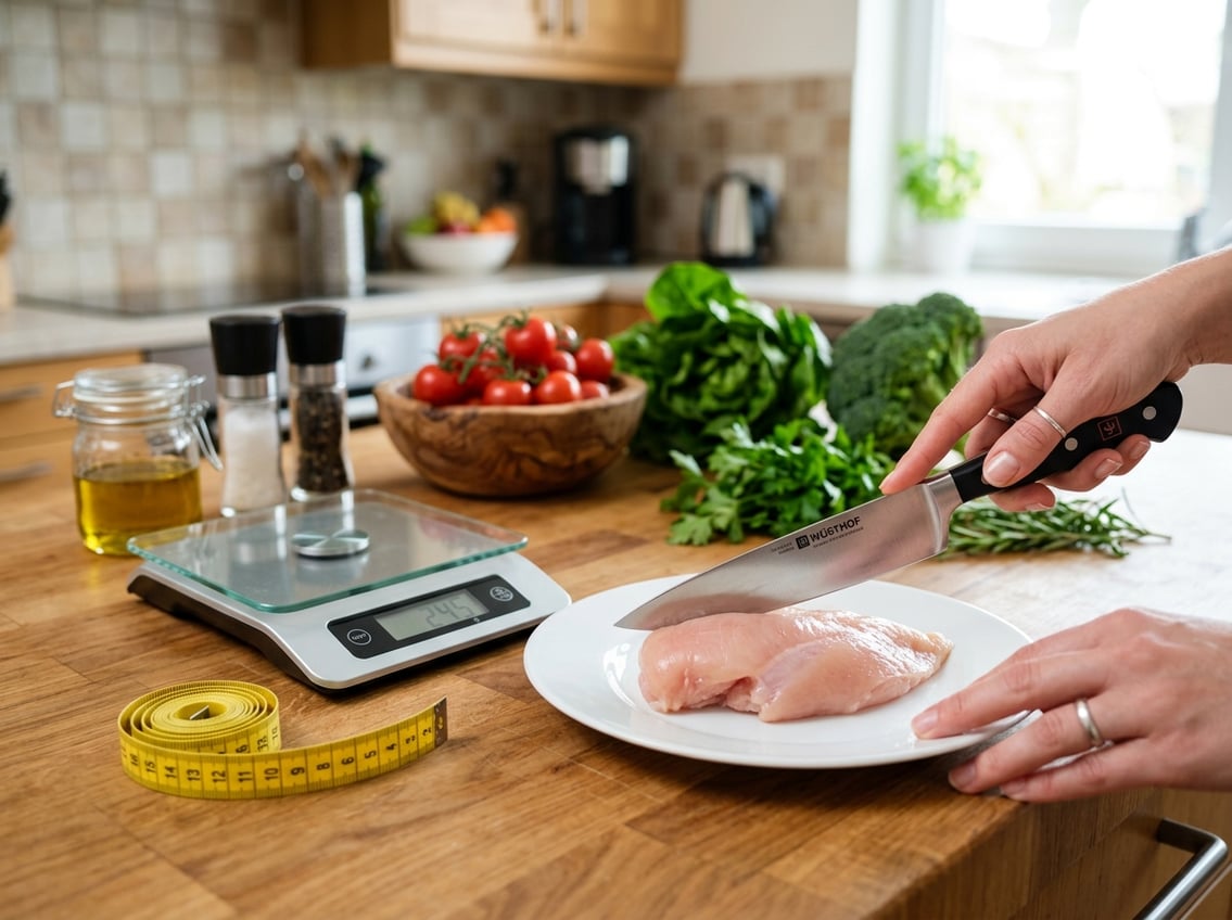 A kitchen countertop with a raw chicken breast on a plate, a kitchen scale showing its weight, a measuring tape, and a hand holding a knife preparing to cut the chicken.