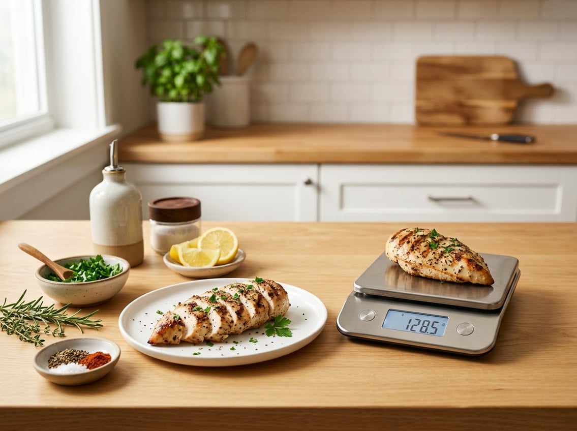 A cooked chicken breast portion on a white plate on a kitchen countertop with a kitchen scale and fresh ingredients nearby.
