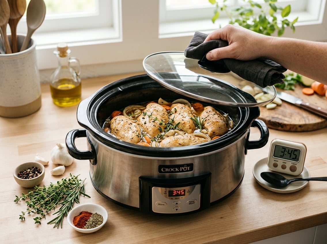 Slow cooker with cooked chicken breasts inside on a kitchen countertop surrounded by fresh herbs and garlic.