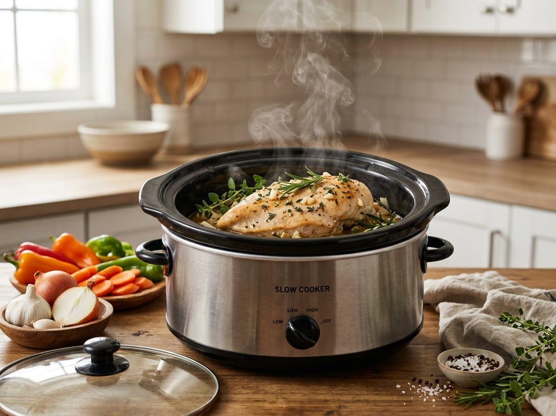 A slow cooker with a juicy chicken breast inside, surrounded by fresh herbs and vegetables on a kitchen countertop.