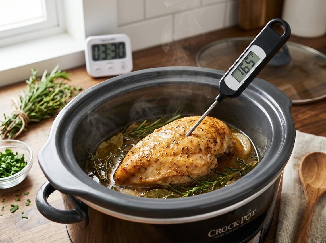 A cooked chicken breast inside a crock pot with a meat thermometer inserted, surrounded by fresh herbs and a kitchen timer on a kitchen counter.