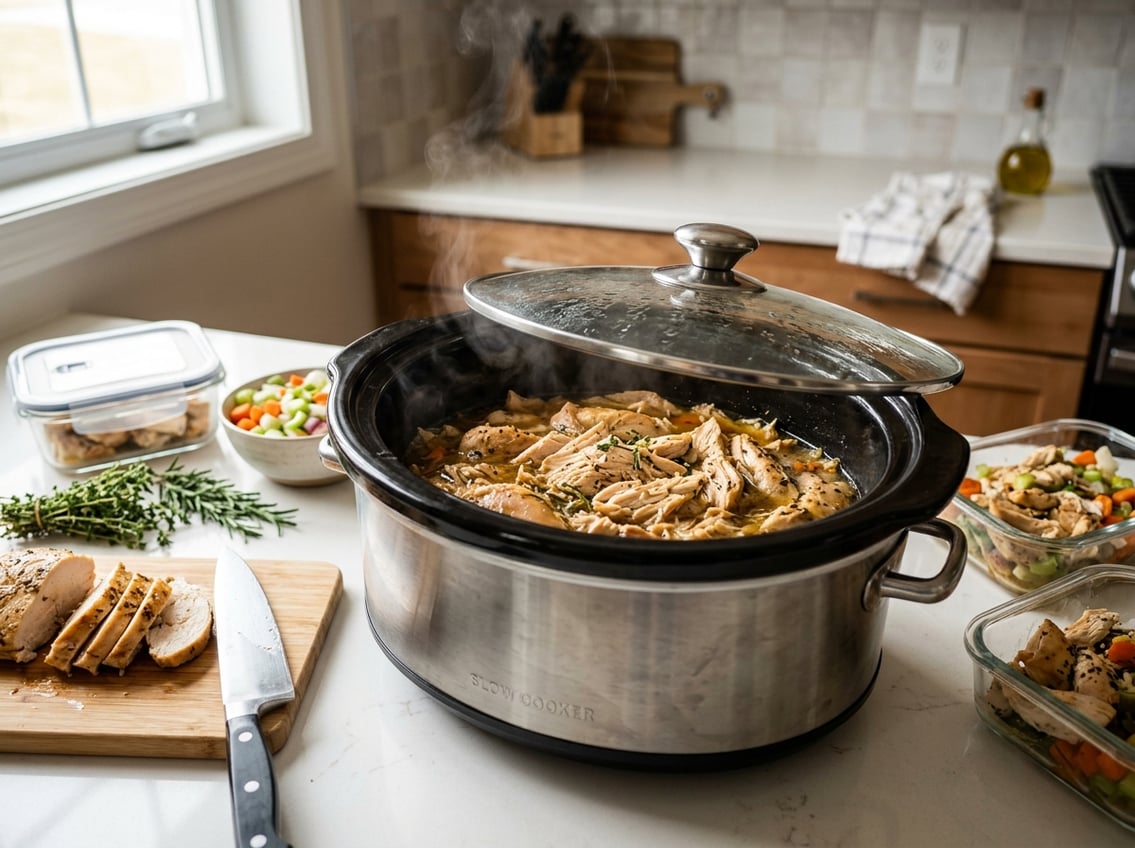Close-up of cooked chicken breast inside a crock pot on a kitchen countertop with fresh herbs, sliced chicken on a cutting board, and storage containers nearby.