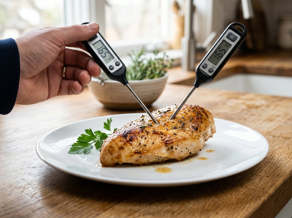 Close-up of a digital meat thermometer inserted into a cooked chicken breast on a white plate, showing a safe internal temperature reading.