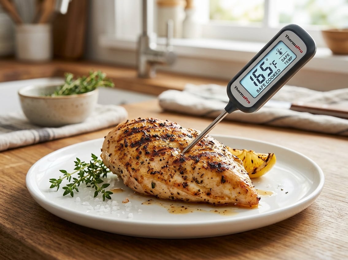 Close-up of a cooked chicken breast with a digital meat thermometer inserted, showing the internal temperature.
