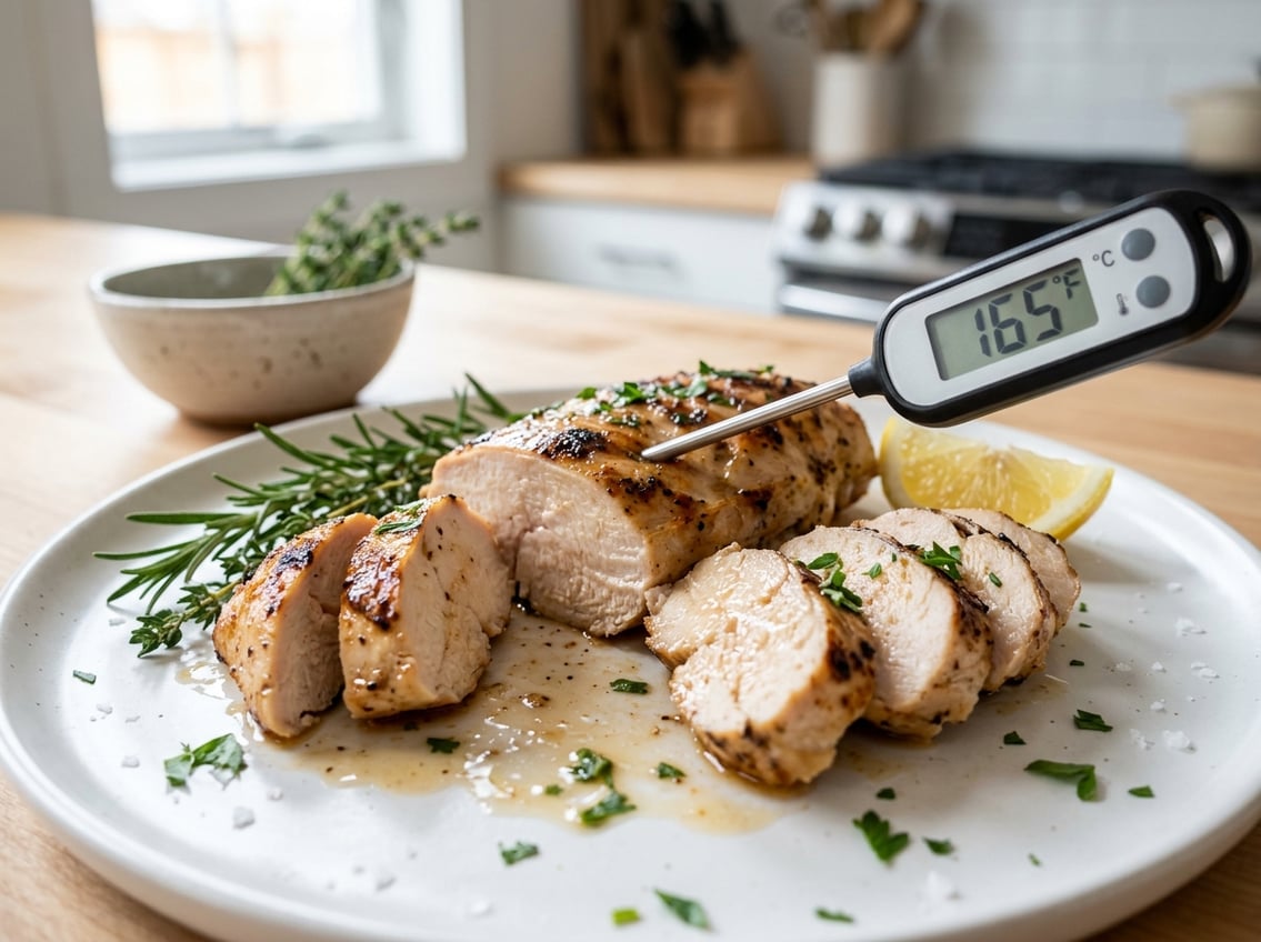 Close-up of juicy cooked chicken breast slices on a plate with a meat thermometer inserted, surrounded by fresh herbs in a kitchen.