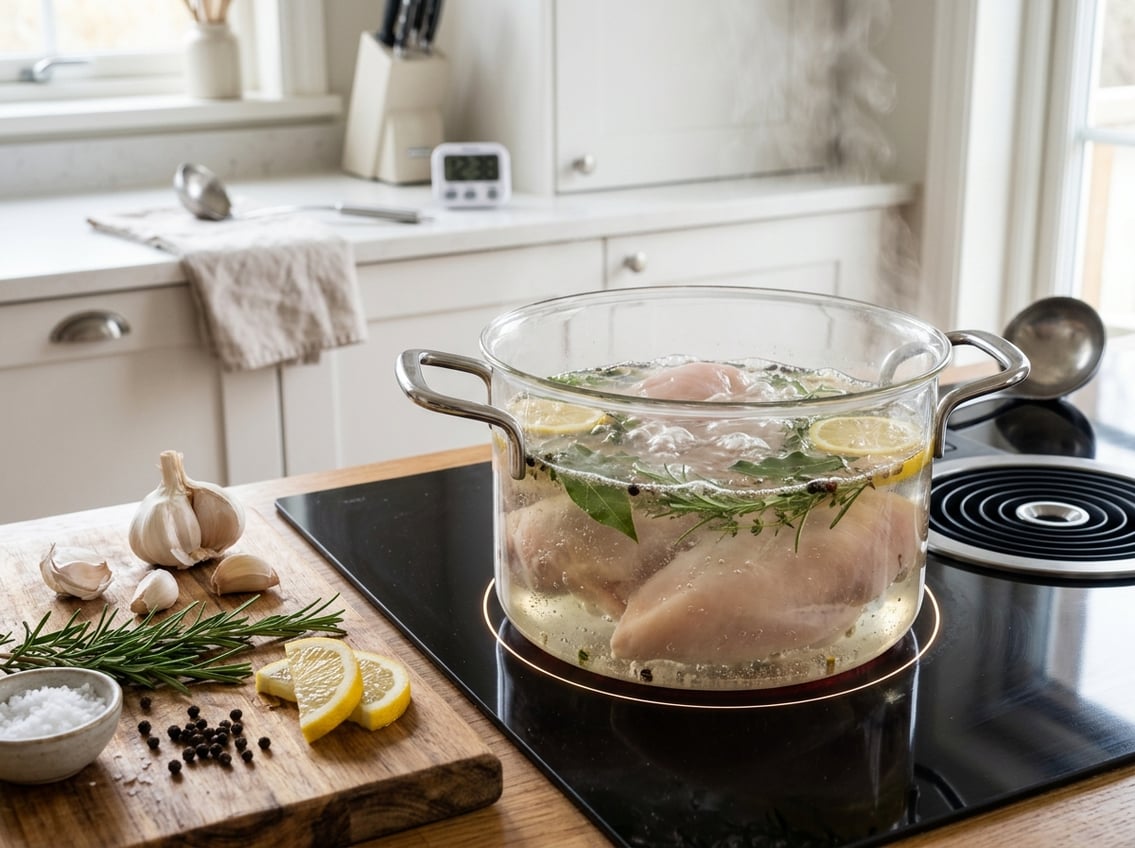 A kitchen scene showing chicken breasts boiling in a clear pot on a stovetop, surrounded by fresh ingredients like garlic, rosemary, and lemon slices.