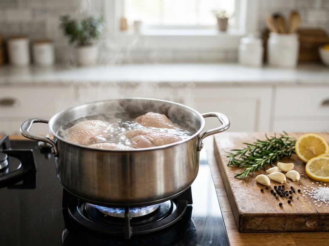 Close-up of chicken breasts boiling in a pot on a stovetop with fresh herbs and lemon slices nearby in a bright kitchen.