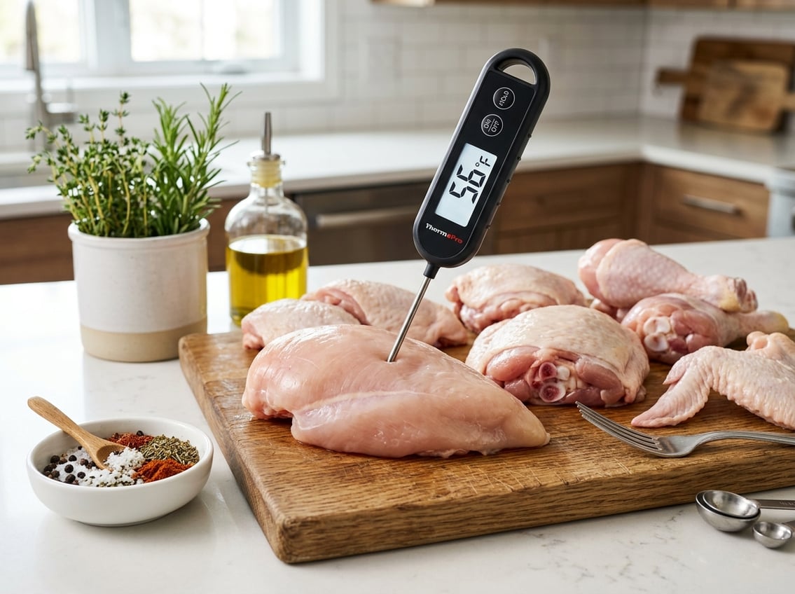 A digital meat thermometer inserted into a raw chicken breast on a cutting board surrounded by other raw chicken cuts in a kitchen setting.