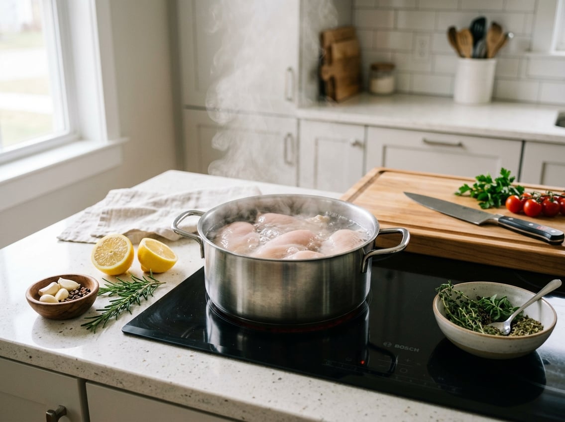 A pot of boiling water on a stove with chicken breasts inside, surrounded by fresh herbs, garlic, lemon, and spices on a kitchen countertop.
