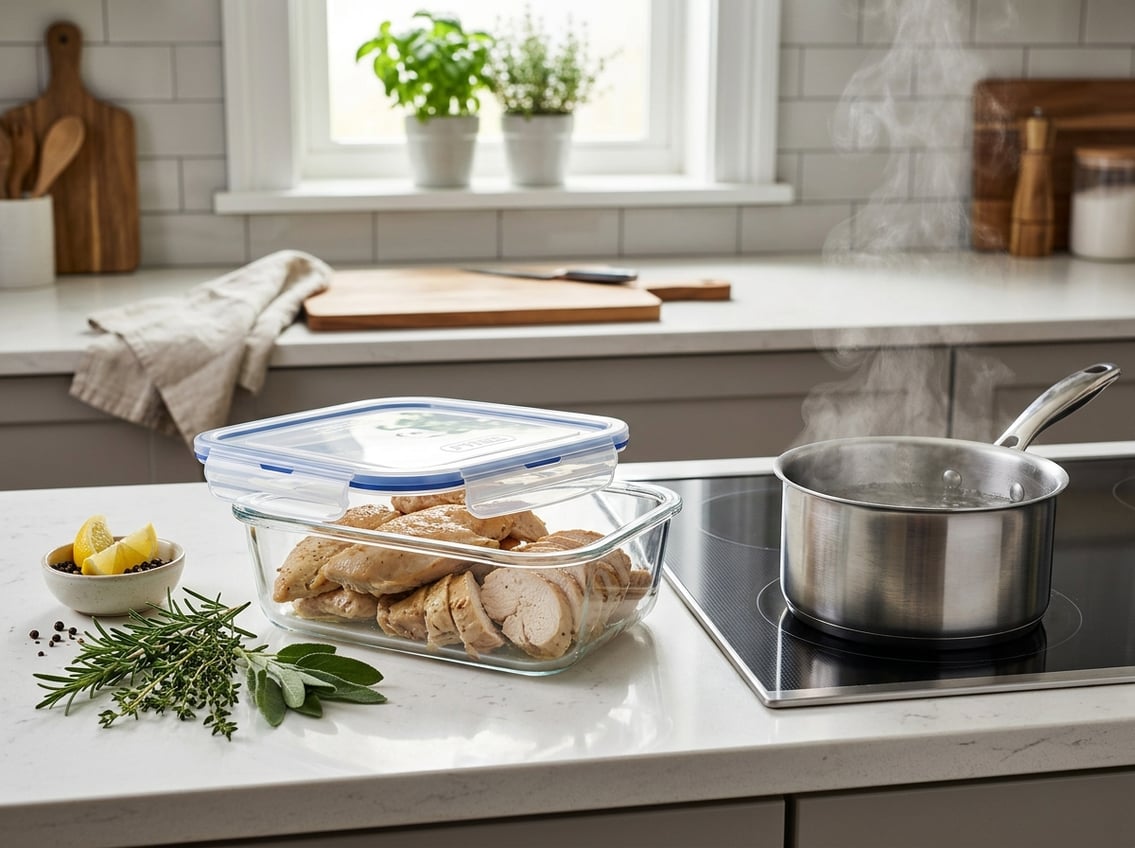 Cooked chicken breasts stored in a glass container next to a simmering pot on a stove in a kitchen.