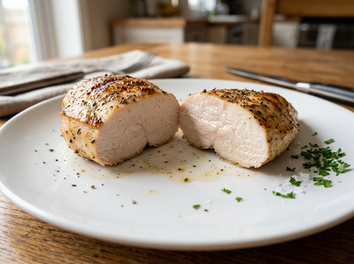 Close-up of a sliced cooked chicken breast on a white plate showing moist and tender texture.
