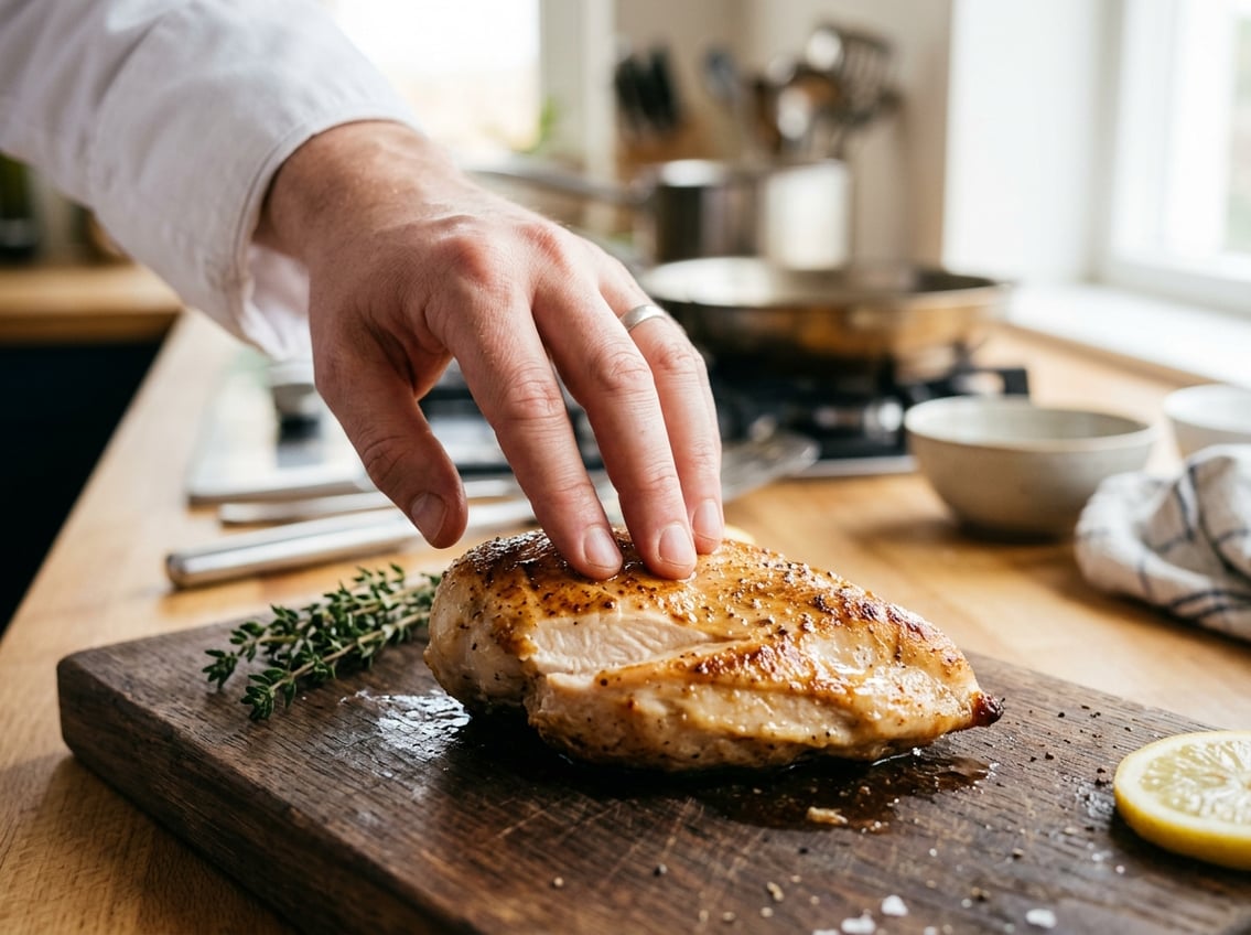Close-up of a cooked chicken breast being pressed by fingers to check its doneness on a kitchen countertop.